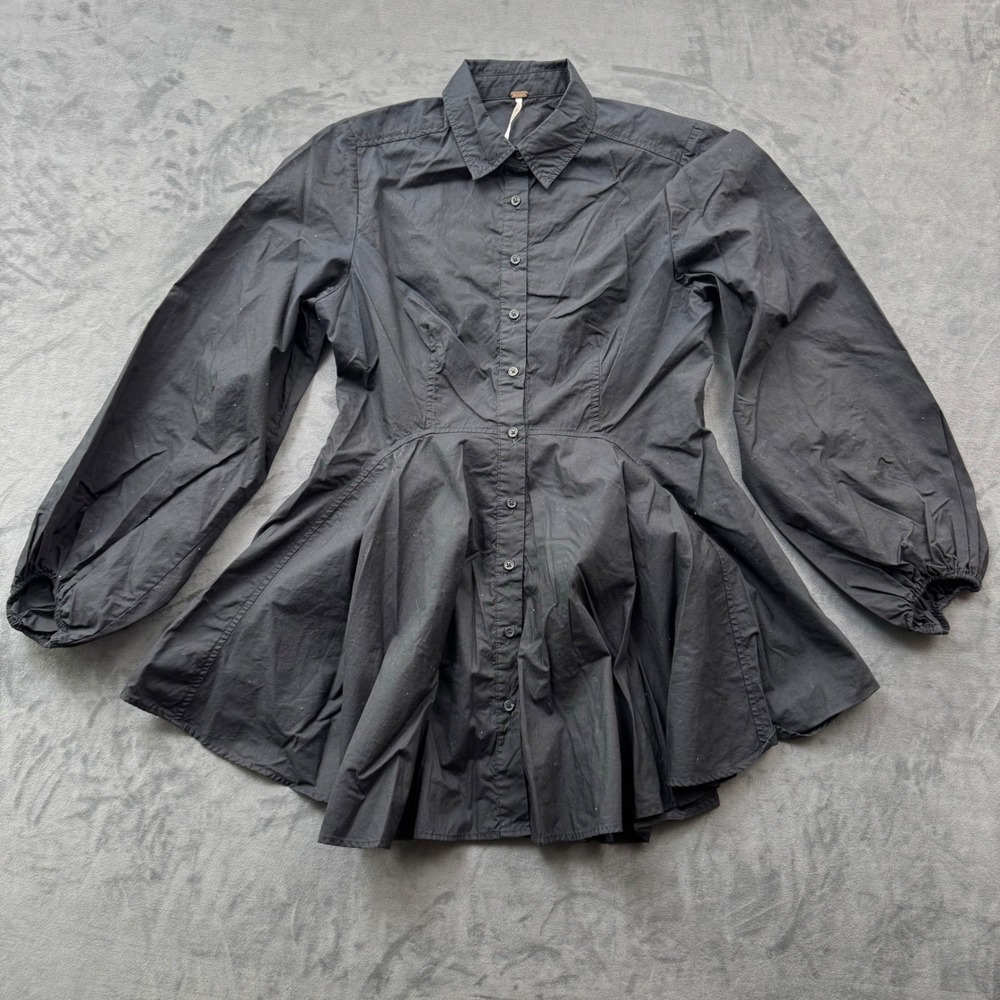 Free People Black Cotton Poplin Peplum Tunic Button Down Shirt Small